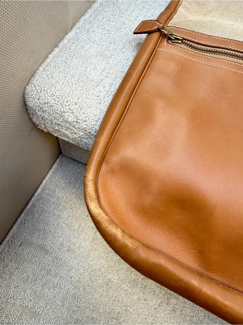 Hermes Tan & Cream Canvas Leather Messenger Tote